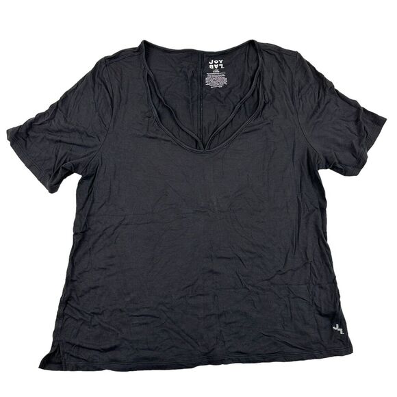 Joy Lab Black Scoop Neck Two Strap Detail Short Sleeve T-Shirt Tee Stretch Sz L - Picture 1 of 6